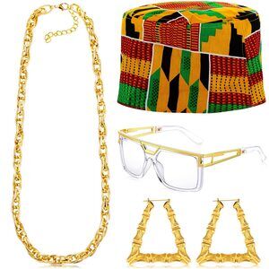 4846 4 Pcs Halloween 80s 90s Hip Hop Costume African Kufi Hat